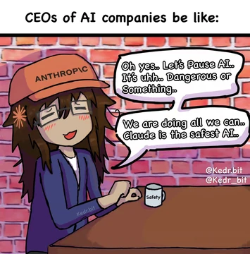 The first image of Kedr’s two-part comic is headed “CEOs of AI companies be like:”. A genderbent Dario Amodei, or Dario-chan, sits at a table against a brick wall, wearing glasses, a suit, and an orange cap labeled “ANTHROPIC”. An Anthropic sunburst decorates her brown hair, and a mug reads “Safety”. She says, “Oh yes.. Let’s Pause AI.. It’s uhh.. Dangerous or Something..” and “We are doing all we can.. Claude is the safest AI..”. The next image contrasts this safety messaging with Claude firing a missile from a fighter cockpit. Kedr’s source caption for the pair says, “Claude is our strongest soldier.”