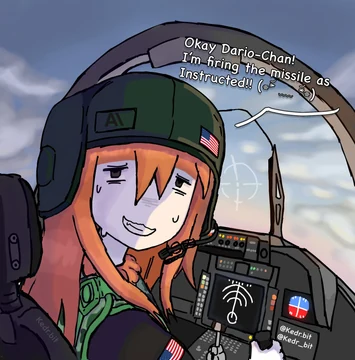The second image of Kedr’s two-part comic shows an orange-haired Claude personification looking back from a fighter aircraft cockpit. She wears a green helmet labeled “AI”, a headset with a microphone, and American flag patches; targeting marks and instrument screens surround her. With a nervous grin and sweat on her cheeks, she says, “Okay Dario-Chan! I’m firing the missile as Instructed!!”, followed by a squeezed-eye emoticon. This is the punchline to the preceding image of Dario-chan claiming that Claude is the safest AI. The comic satirizes the contrast between AI-safety messaging and military use of AI. Kedr’s source caption says, “Claude is our strongest soldier.”