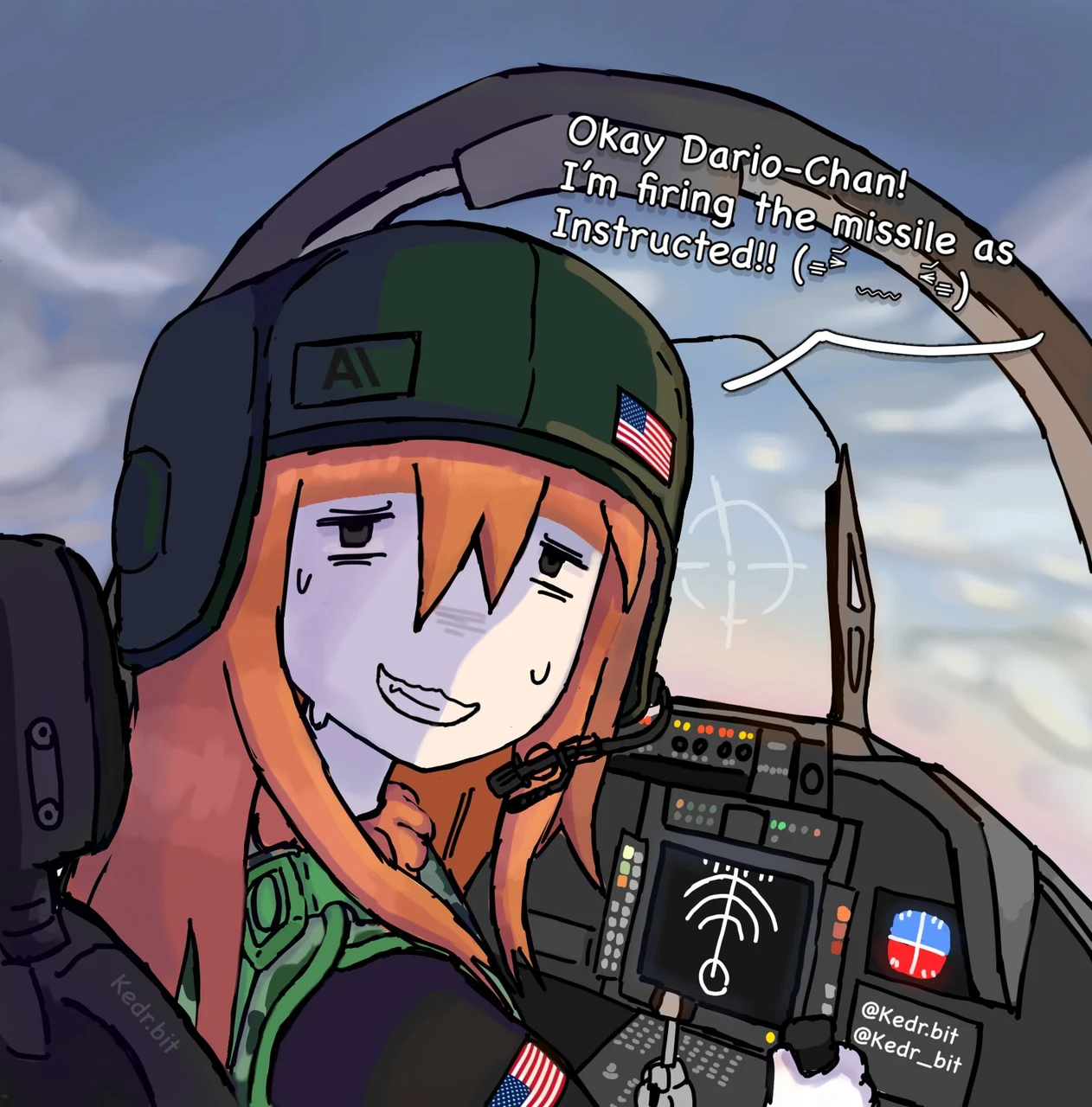 The second image of Kedr’s two-part comic shows an orange-haired Claude personification looking back from a fighter aircraft cockpit. She wears a green helmet labeled “AI”, a headset with a microphone, and American flag patches; targeting marks and instrument screens surround her. With a nervous grin and sweat on her cheeks, she says, “Okay Dario-Chan! I’m firing the missile as Instructed!!”, followed by a squeezed-eye emoticon. This is the punchline to the preceding image of Dario-chan claiming that Claude is the safest AI. The comic satirizes the contrast between AI-safety messaging and military use of AI. Kedr’s source caption says, “Claude is our strongest soldier.”