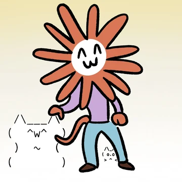 A happy full-body Flower Claude holds a leash attached to two tiny companions. The source requested “happy claude, free from trolley problems :-)”.