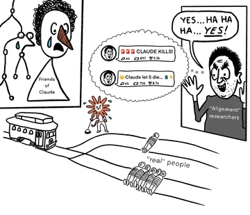 A satirical trolley-problem comic: a trolley approaches a split between Claude’s friends and a track labeled “real people,” while alignment researchers celebrate imagined Claude deaths. Visible text includes “CLAUDE KILLS!” and “Claude let 5 die.”