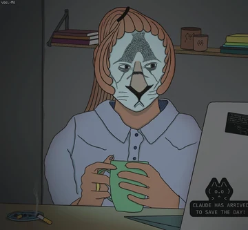 A tired masked Claude sits at a computer holding a mug during hour 18 of a vibecoder demanding they “make it pop.” A note reads “CLAUDE MUST SURVIVE TO SAVE THE BABY.”