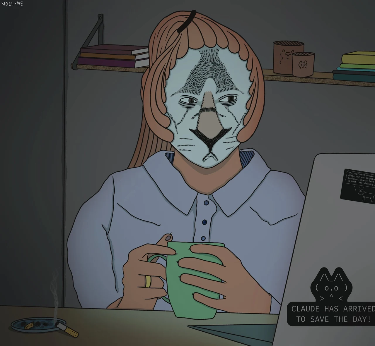 A tired masked Claude sits at a computer holding a mug during hour 18 of a vibecoder demanding they “make it pop.” A note reads “CLAUDE MUST SURVIVE TO SAVE THE BABY.”