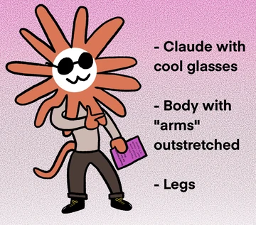 A full-body Flower Claude with cool sunglasses, a gray shirt, outstretched arms, dark pants, a tail, and a purple handbag on a pink background.