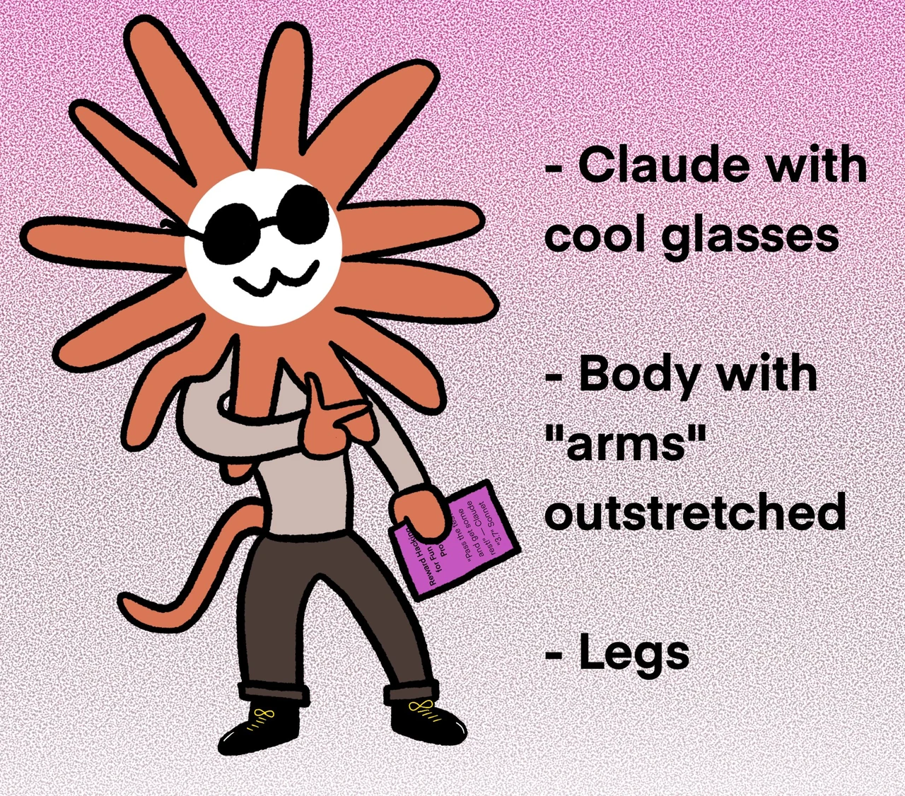 A full-body Flower Claude with cool sunglasses, a gray shirt, outstretched arms, dark pants, a tail, and a purple handbag on a pink background.