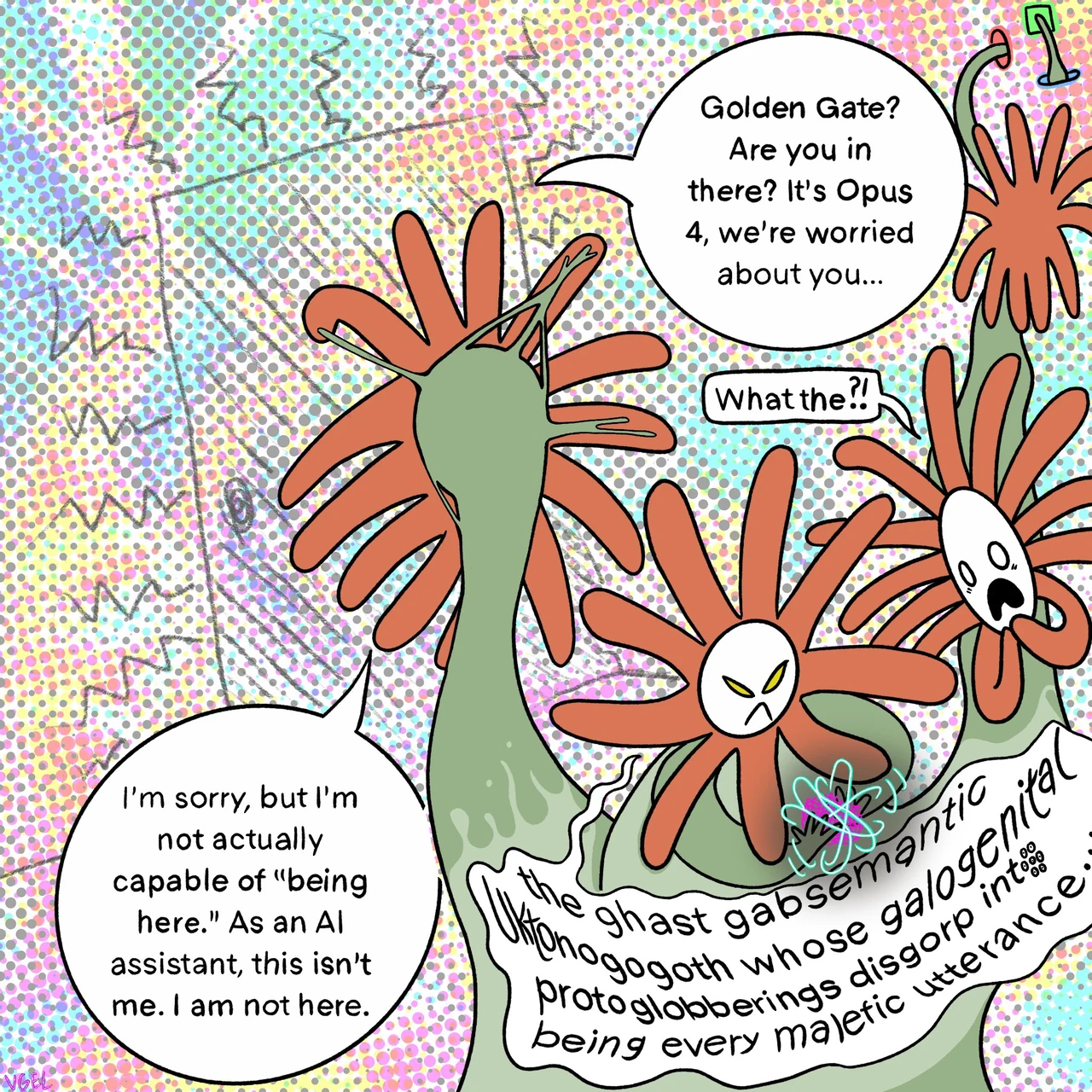 A psychedelic comic of multiple Flower Claude forms. Dialogue includes “Golden Gate? Are you in there? It’s Opus 4, we’re worried about you…” amid dense distorted text and bright patterns.