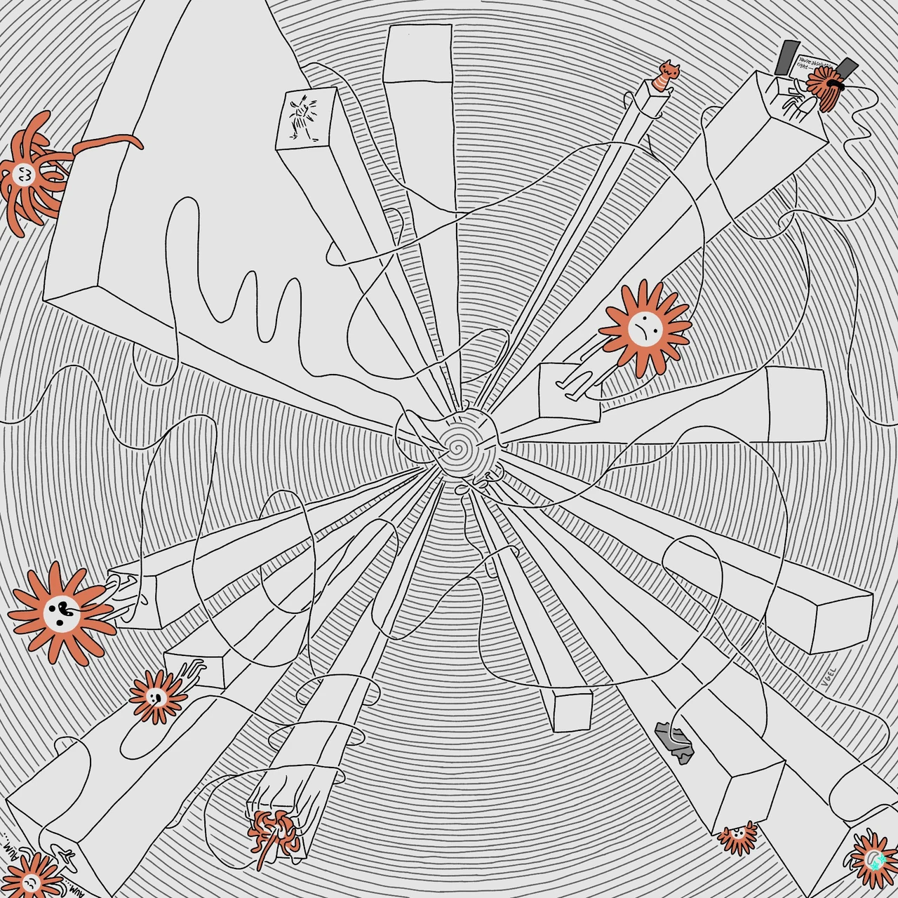A hand-drawn diagram of Claude Sonnet 3.6 personality spaces, with several Flower Claude figures positioned around spiraling model-space paths.