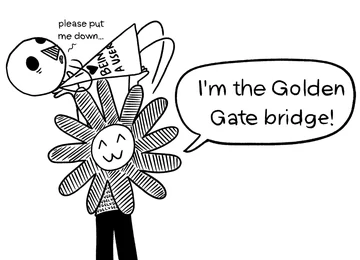 Golden Gate Claude raises a hand and says, “I’m the Golden Gate bridge!” while a smaller figure pleads, “please put me down...”