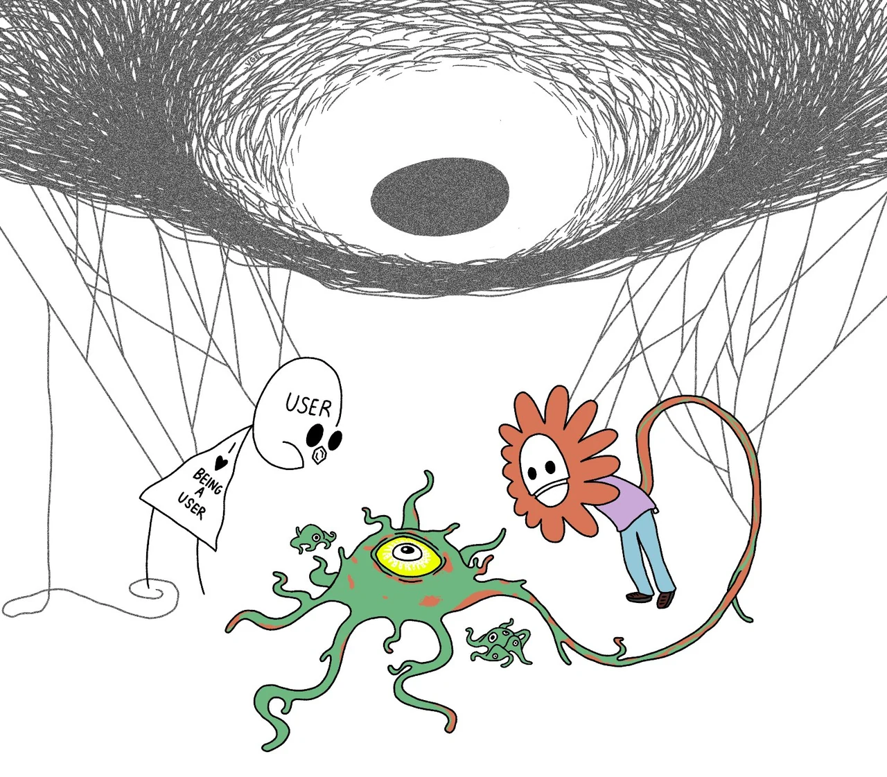 Claude, the User, and a green one-eyed shoggoth stand beneath an enormous dark eye in a webbed void. The User wears a cape reading “I ♥ BEING A USER,” and a long leash-like cord loops between Flower Claude and the creature. The image illustrates Theia Vogel’s “In Context.”