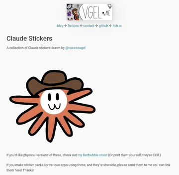 A screenshot announcing Theia Vogel’s Claude sticker collection, illustrated with a cowboy-hat Flower Claude and linking to the downloadable sticker pack.