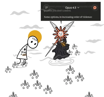 A crowned Claude Opus 4.5 stands on a dark mound holding a sword while the User looks on. The interface text reads: “Some options, in increasing order of violence.”