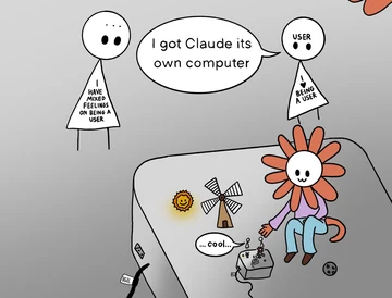 The User says, “I got Claude its own computer.” Claude sits at a desk with a monitor while another User figure looks in; shirts read “I ♥ BEING A USER.”