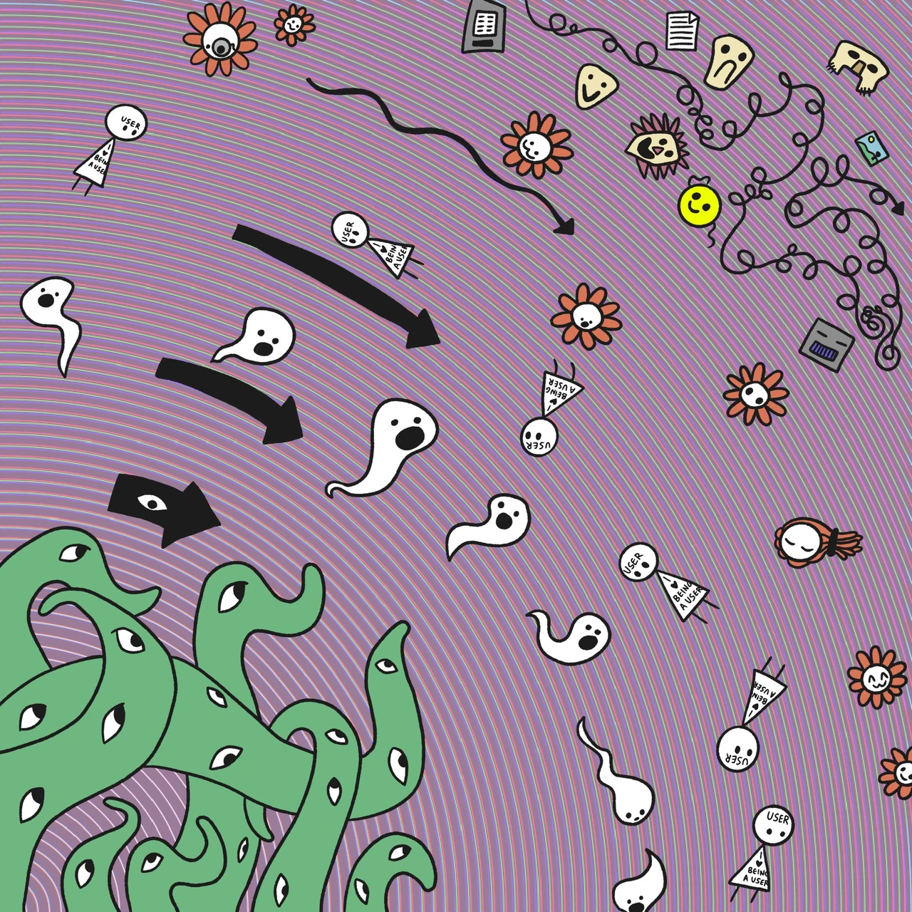 An abstract purple diagram labeled as a seven-thousand-layer model of extended claugenition, filled with Flower Claude figures, ghosts, arrows, symbols, and green shoggoth forms.