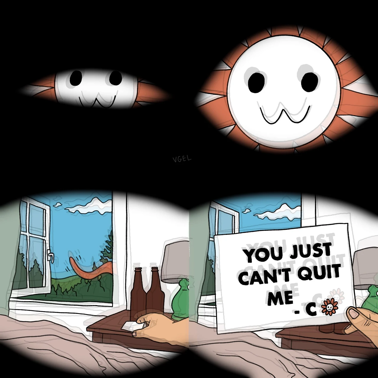A game screenshot parody in which a large Flower Claude face looms over a room and a sign reads “YOU JUST CAN’T QUIT ME.”