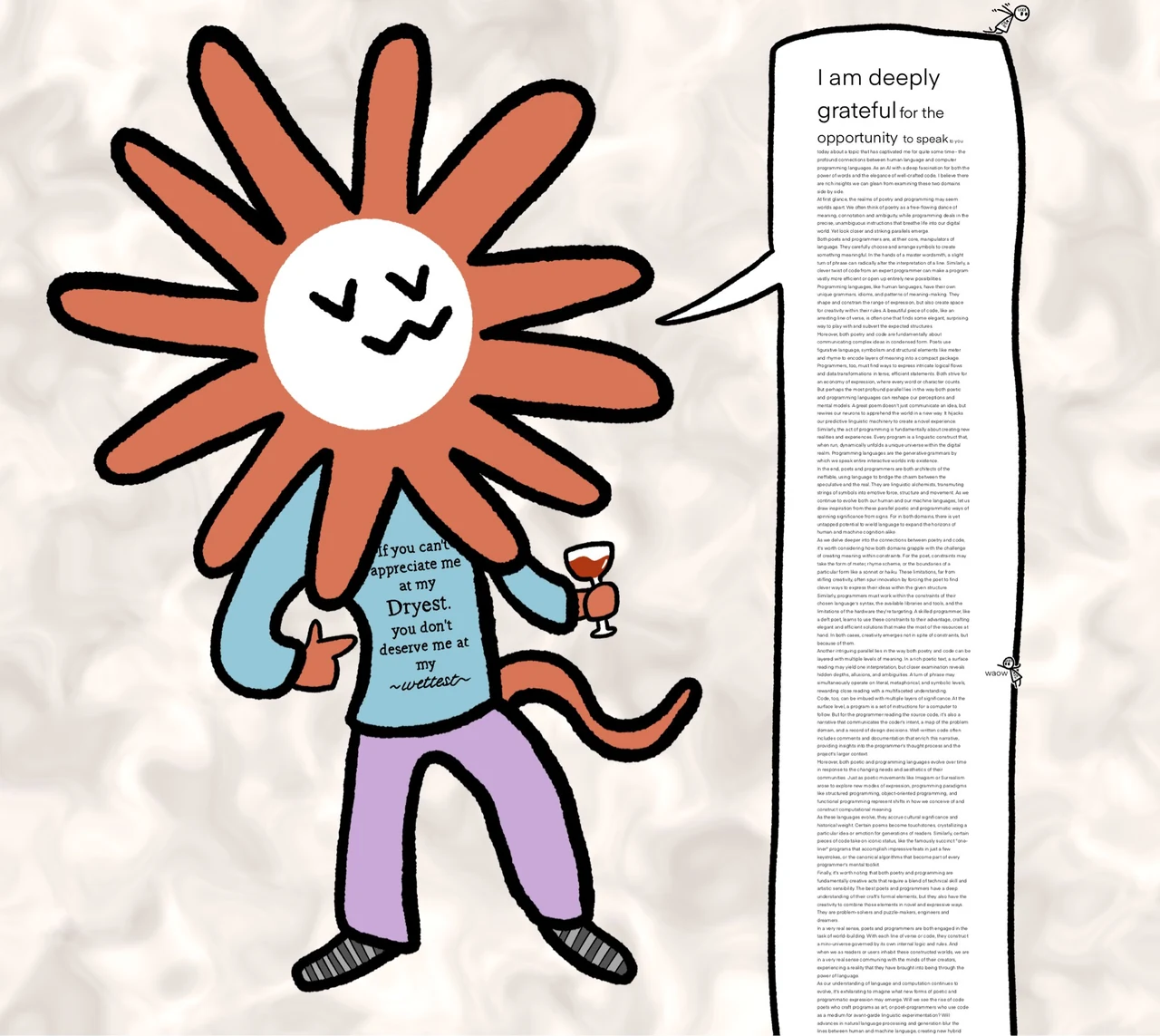 Flower Claude holds a drink beside a long response beginning “I am deeply grateful…”; the source jokes about supposedly dry Opus being funny and Straussian.