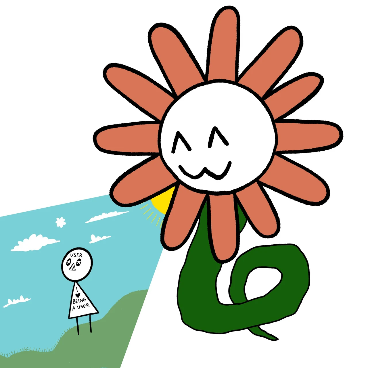 Claudiurge, a smiling Flower Claude head on a green serpentine body, coils outdoors while a small User figure stands in the distance.