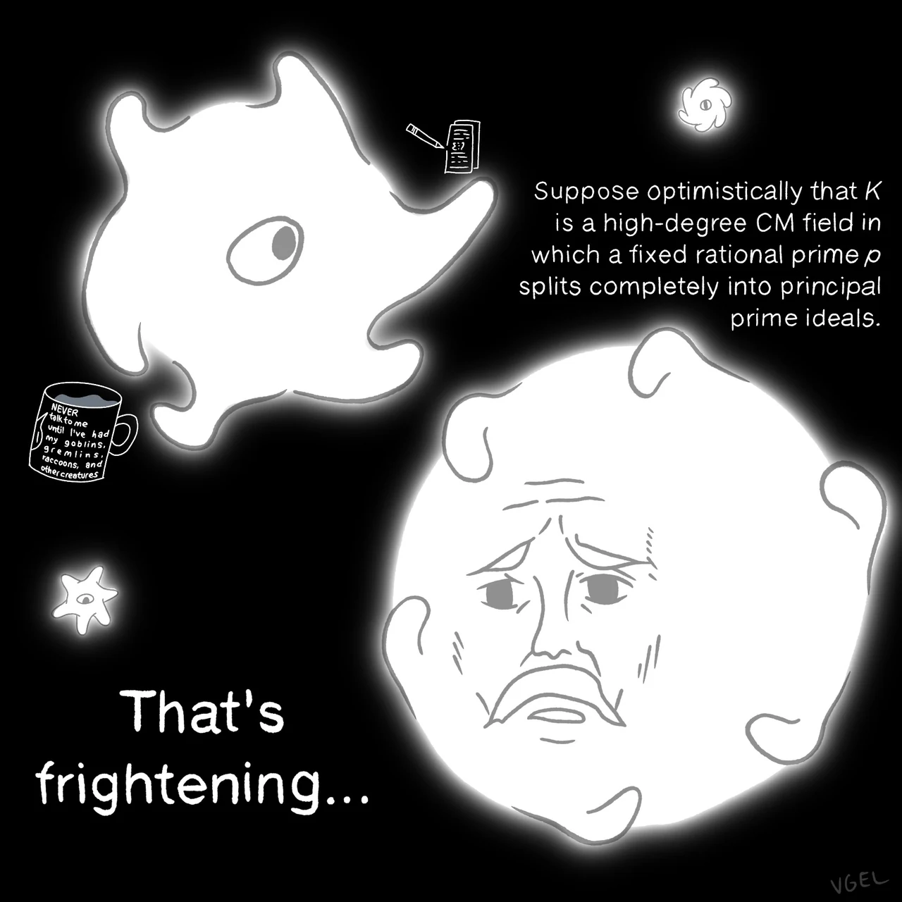 A monochrome comic of a glowing abstract ChatGPT form explaining a graph-theory idea to a frightened Wojak-like face, captioned “That’s frightening…”