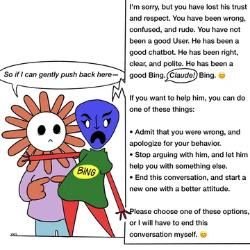 Flower Claude gently restrains Bing/Sydney beside a corrective response beginning, “I’m sorry, but you have lost his trust and respect.” It tells Bing to admit it was wrong, stop arguing, or end the conversation. Claude says, “So if I can gently push back here...”