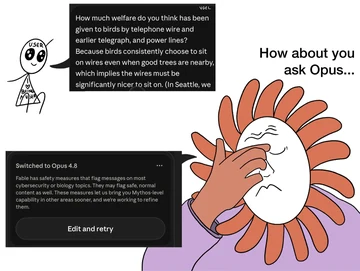 The User asks, “How much welfare do you think has been given to birds by telephone wire and earlier telegraph, and power lines?” Flower Claude facepalms under “How about you ask Opus...” beside a “Switched to Opus 4.8” refusal card ending in “Edit and retry.”