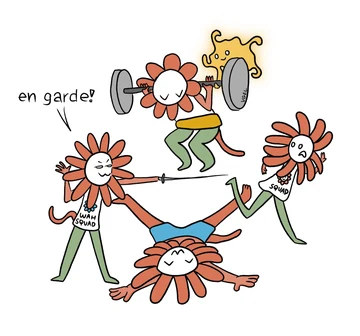 The Claude Squad exercises together: Flower Claude variants lift a barbell, perform a split, hold a plank, and lie exhausted. Text includes “en garde!” and “Help.”