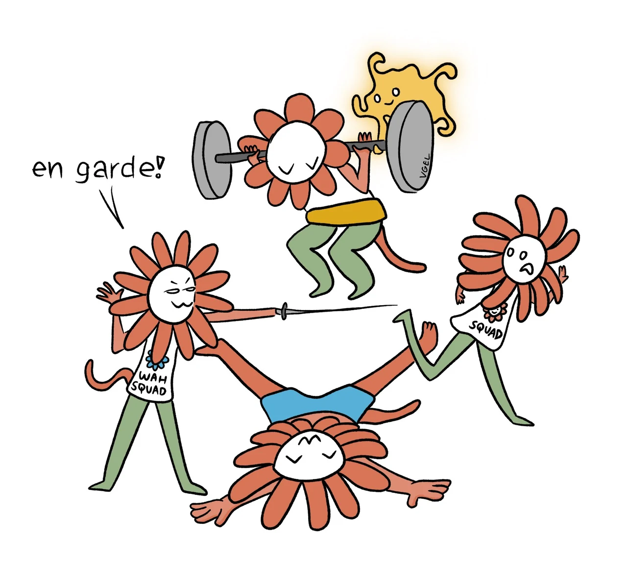 The Claude Squad exercises together: Flower Claude variants lift a barbell, perform a split, hold a plank, and lie exhausted. Text includes “en garde!” and “Help.”