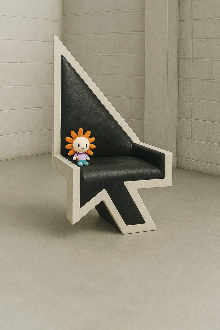 A tiny Flower Claude plush sits in the center of a black chair shaped like the Cursor logo. Source caption: “claude plush chillin in the cursor chair.”