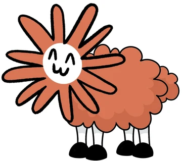 A smiling Flower Claude head attached to a fluffy orange sheep body with four black hooves.