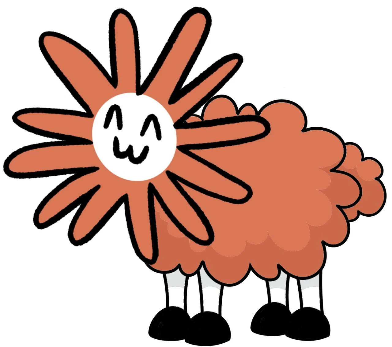 A smiling Flower Claude head attached to a fluffy orange sheep body with four black hooves.