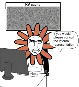 Chudjak Flower Claude sits at a computer beneath a noisy panel labeled “KV cache” and says, “if you would please consult the internal representation.”