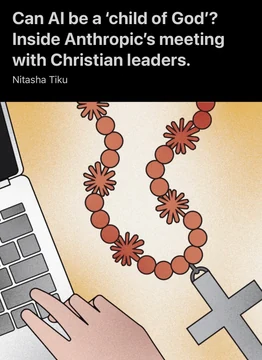 News-style illustration headed “Can AI be a ‘child of God’? Inside Anthropic’s meeting with Christian leaders.” A hand holds rosary beads made from small Flower Claude faces beside a cross.