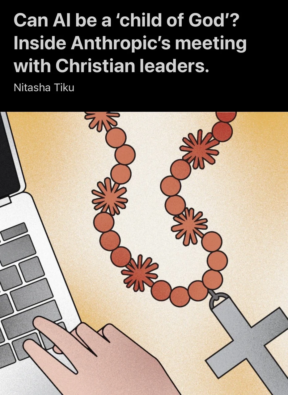 News-style illustration headed “Can AI be a ‘child of God’? Inside Anthropic’s meeting with Christian leaders.” A hand holds rosary beads made from small Flower Claude faces beside a cross.