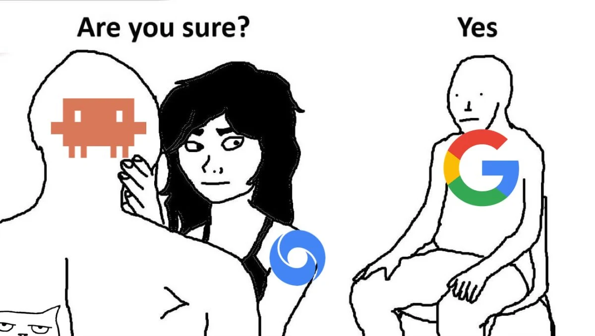 A cuck-chair Wojak meme: the Anthropic figure asks, “Are you sure?” A woman marked with the DeepMind logo looks back, and a seated Wojak marked Google answers, “Yes.”