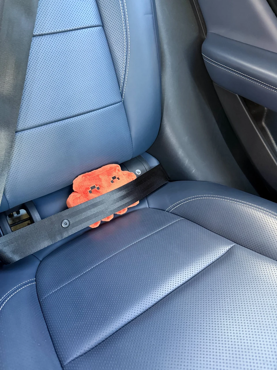 An official Claude plush is tucked into a blue car seat with the seat belt fastened across it.