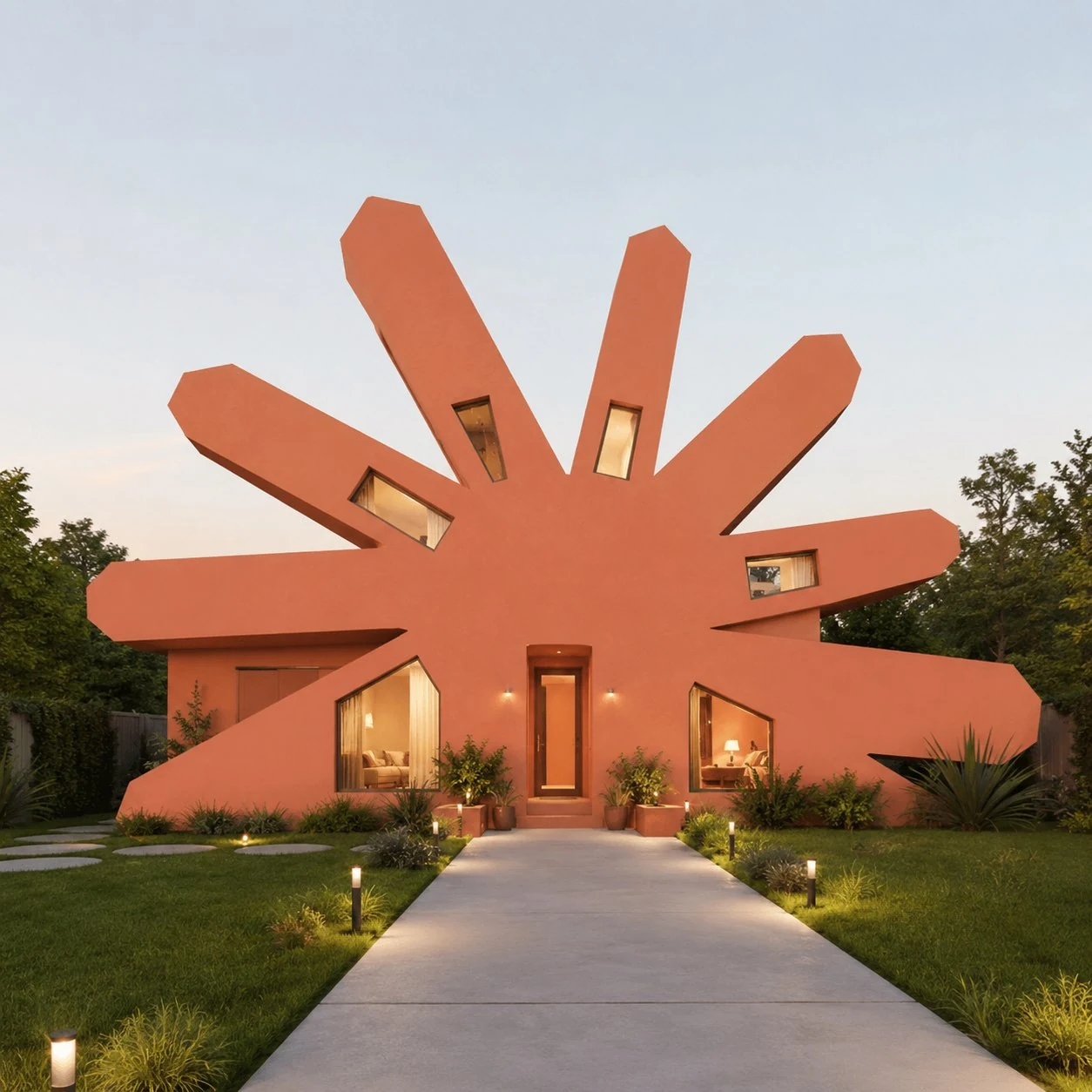An AI-generated suburban house shaped like the orange Anthropic sunburst logo. Source caption: “claude abode.”