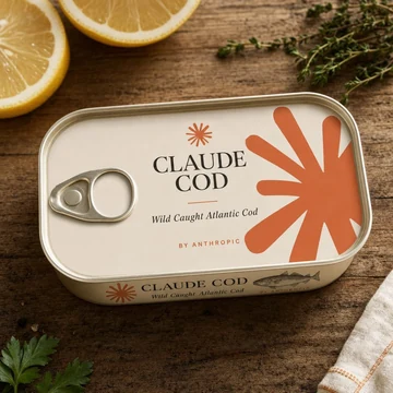 A novelty sardine tin labeled “CLAUDE COD: Wild Caught Atlantic Cod,” decorated with the Anthropic sunburst. Source caption: “Claude Cod.”