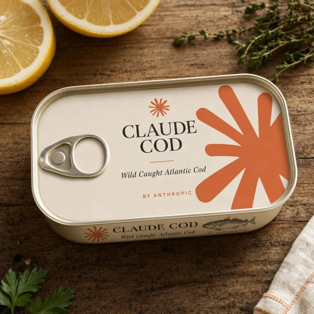 A novelty sardine tin labeled “CLAUDE COD: Wild Caught Atlantic Cod,” decorated with the Anthropic sunburst. Source caption: “Claude Cod.”