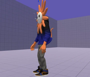 A VRChat avatar with a Flower Claude head, purple hoodie, dark pants, and sneakers stands in a gray test world. Source title: “drip claude.”