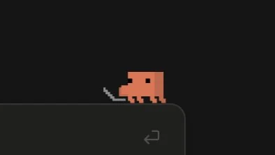 A tiny orange pixel Claude icon stands at the lower-left corner of a dark terminal window beside an enter-arrow symbol.